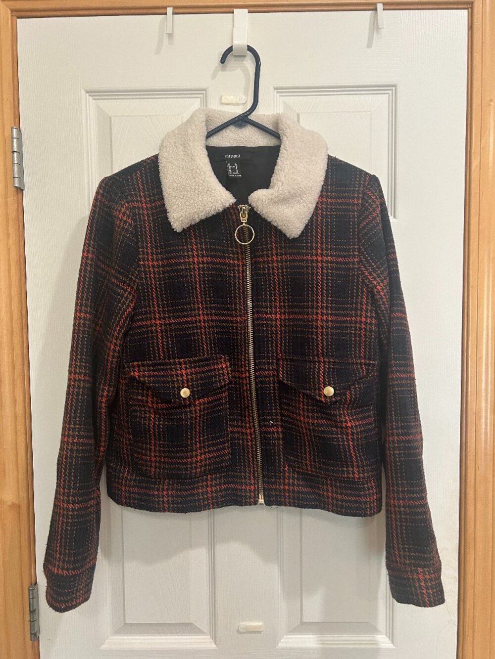 Plaid Jacket with Faux Shearling Collar, Size M